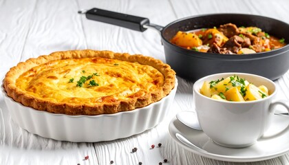 Savory quiche, stew, and potatoes on a white table