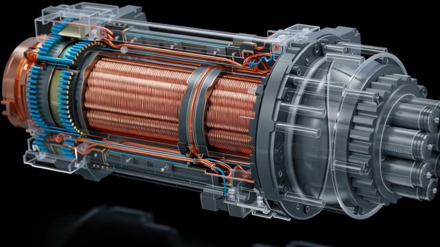 Cross-section of an EV motor highlighting rare earth magnets and copper coils, technical cutaway render, realistic lighting, rare earth for electric vehicles