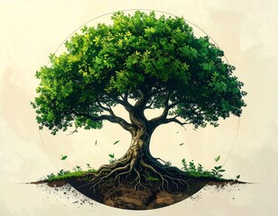 Digitally rendered tree with lush green foliage, encircled by a soft glow