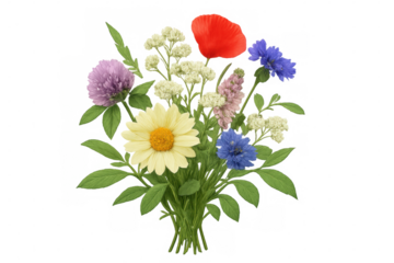 Wildflower bouquet presenting poppy, daisy, clover, and cornflower for spring and summer celebration