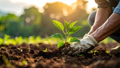 Hands Planting a Young Seedling in Fertile Soil at Sunset