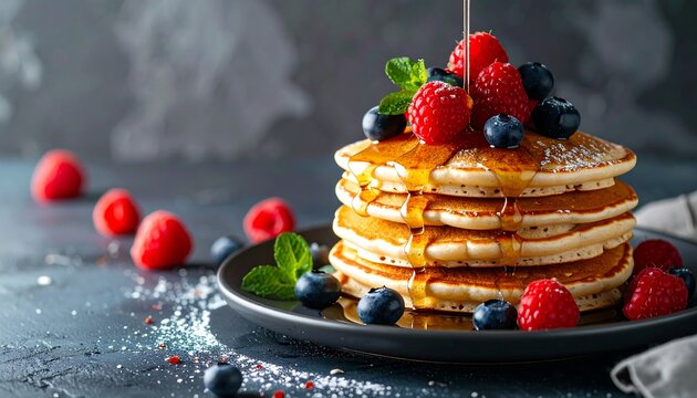 Syrup pouring on a stack of fresh berry pancakes - Powered by Adobe