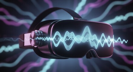 Futuristic Virtual Reality Headset with Glowing Neon Sound Waves and Digital Data Streams, Representing Immersive Audio-Visual Experience and Advanced Technology
