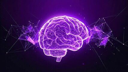 A glowing purple wireframe brain illuminates a dark background, surrounded by interconnected geometric networks - Powered by Adobe