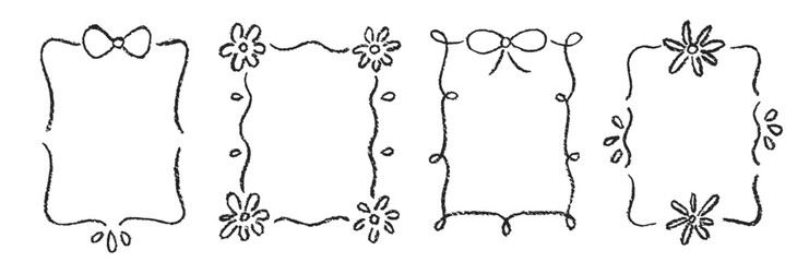 Hand drawn scribble kids frame set with pastel, crayon or chalk texture. Doodle decoration with flowers and bows. Black vector illustration on a white background.