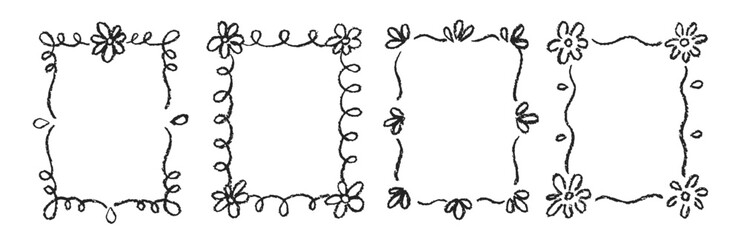 Hand drawn scribble kids frame set with pastel, crayon or chalk texture. Doodle decoration with flowers and bows. Black vector illustration on a white background.