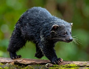 Dark-furred mammal with long whiskers, walking on a mossy log