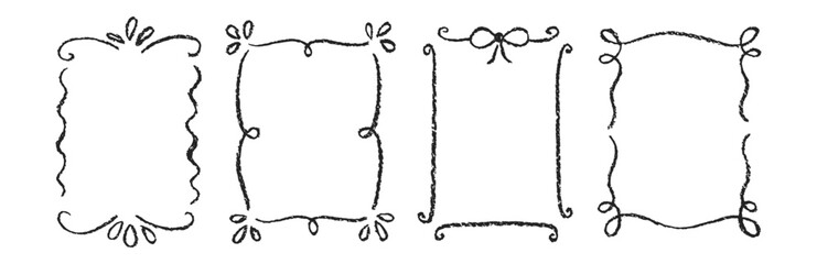 Hand drawn scribble kids frame set with pastel, crayon or chalk texture. Doodle decoration with flowers and bows. Black vector illustration on a white background.