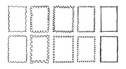 Hand drawn scribble frame set with pastel or chalk texture. Doodle decoration with zigzag and wave. Crayon vector illustration.