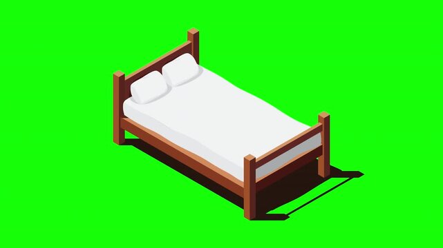 Isometric wooden bed with mattress animation. 3D isometric bed. Wooden bed frame with mattress, pillow, and blanket. Isometric bedroom furniture. 4K video animated in isometric style