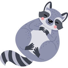 Cute Cartoon Raccoon Lying Down With Eyes Closed and Smiling Isolated on White Background