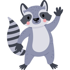Cute Cartoon Raccoon Waving Hello With Striped Tail Pixel Art Style With Transparent Background