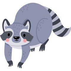 Cute Cartoon Raccoon With Striped Tail And Pink Cheeks Playful Pose On White Background Stylized Vector Illustration