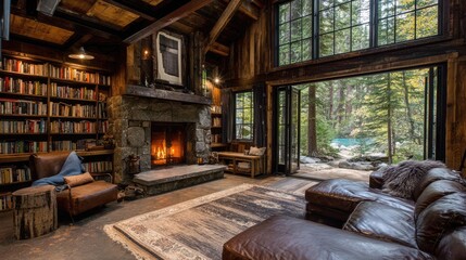 Fototapeta premium Cozy Rustic Living Room with Stone Fireplace and Scenic View