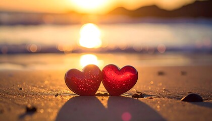 Two heart-shaped objects on a sandy beach, sunset in the background
