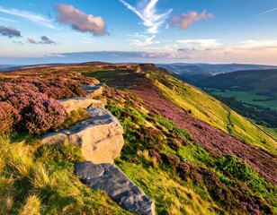 Scenic hillside at sunset, vibrant heather, dramatic rocks