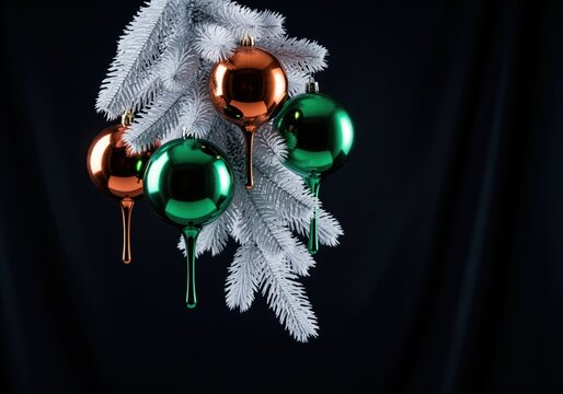 White flocked christmas tree branch adorned with glossy emerald green and copper drip ornaments - Powered by Adobe