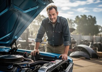 Smiling mechanic inspecting a classic blue car engine with the hood open at an outdoor garage