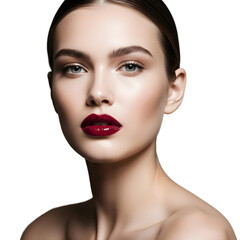 close up of a woman's face with focus on dark red lipstick no background