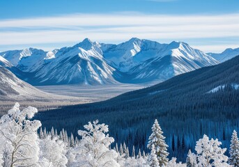Majestic snow capped mountains and vast winter valley under bright blue sky