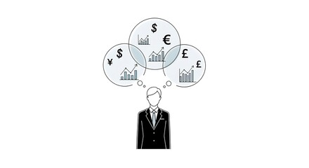 Time is money concept featuring a successful businessman character with a clock, a symbol of communication, and a thinking speech bubble idea vector illustration