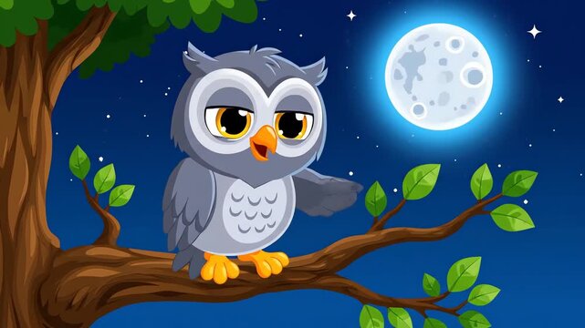 Cartoon owl perched on tree branch under moonlit sky illustration