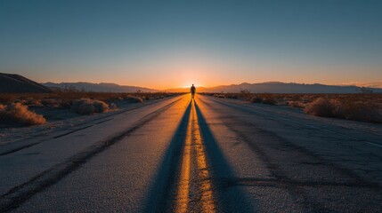 Figure on Desert Road at Sunset