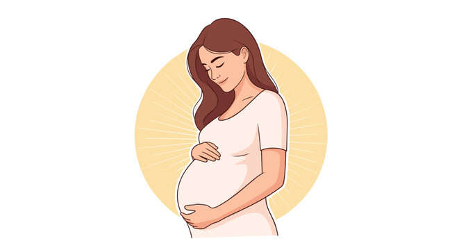 Illustration of a pregnant woman with brown hair wearing a white dress holding her belly smiling .