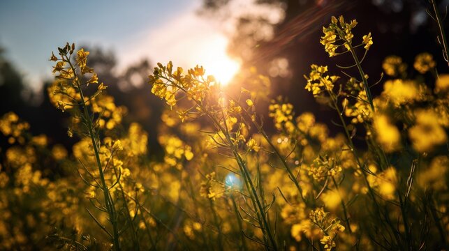 Field of yellow flowers at sunset