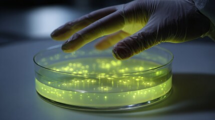 Gloved hand over illuminated petri dish