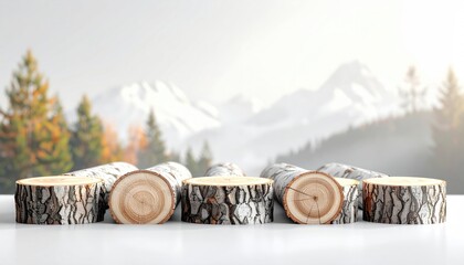 Rustic Birch Log Slices Displayed in a Row on a White Surface with a Snowy Mountain Range and Autumn Forest Background in Soft Sunlight