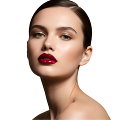 close up of a woman's face with focus on dark red lipstick isolated PNG