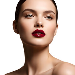 close up of a woman's face with focus on dark red lipstick isolated PNG