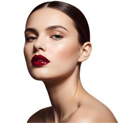 close up of a woman's face with focus on dark red lipstick isolated PNG