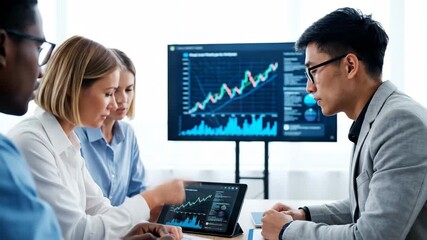Business Team Analyzing Data Charts in Meeting - A diverse team of business professionals gather around a conference table, analyzing data and financial charts displayed on a tablet and large screen. - Powered by Adobe