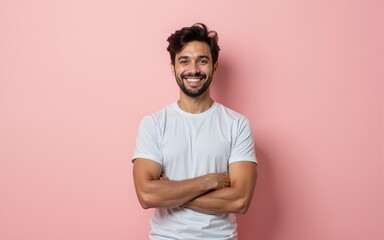 Photo of cheerful attractive handsome entrepreneur standing confidently with hands folded smiling beaming isolated over pastel color background. High quality