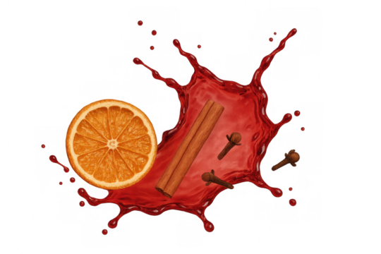 Mulled wine splash with orange, cinnamon stick, and cloves, representing comforting winter holiday drinks - Powered by Adobe