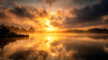 Obraz premium Sunrise Over Misty Lake