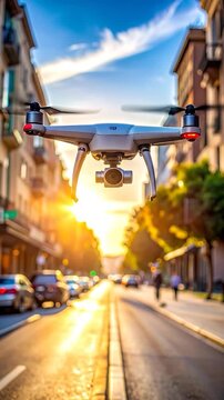 A detailed drone hovers above a golden-lit city street at sunset, with buildings, cars, and blurred people