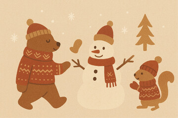 冬の森で遊ぶ北欧風の動物たちのイラスト