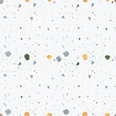 Seamless Terrazzo Pattern with Colorful Chips on White Background.