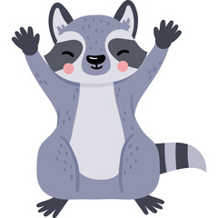 Cute Gray Raccoon Character Pixel Art Style With Raised Arms And Smiling Expression And Pink Cheeks On Transparent Background