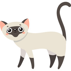 Cute Cartoon Siamese Cat Standing Isolated on White Background with Dark Brown Paws and Ears and Black Tail and Face Markings