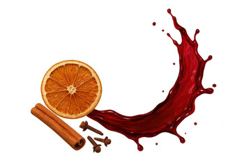 Mulled wine splash with cinnamon stick, dried orange slice, and cloves, preparing festive winter spices