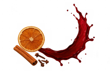 Mulled wine splash with cinnamon stick, dried orange slice, and cloves, preparing festive winter spices