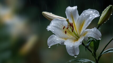 White lily with water droplets during rain