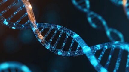 A close-up view of a digital representation of a DNA double helix, showcasing intricate details and glowing elements in a dark background.