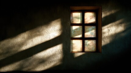 Window with Fabric Panes and Light Beams on Textured Wall