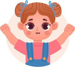 Joyful young girl with auburn hair styled in two buns wearing a pink shirt and blue denim overalls with hands raised in excitement on a pale peach circle background with a transparent background.