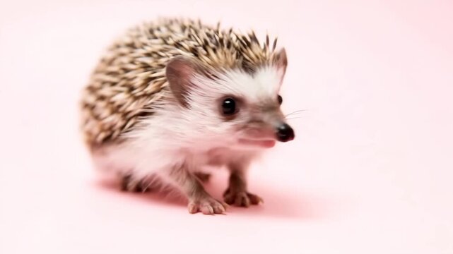 Adorable Hedgehog Walking on Pink Background - This close-up shot captures a small hedgehog as it walks across a soft pink surface.